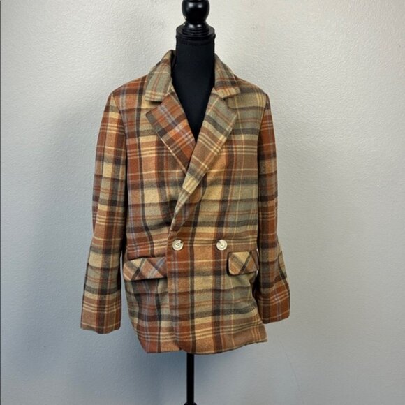 Free People Mari Wool Blazer Plaid Brown Double Breasted Oversized Jacket XS - Picture 7 of 12